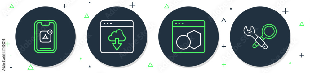 Poster set line cloud technology data transfer, software, mobile apps and debugging icon. vector