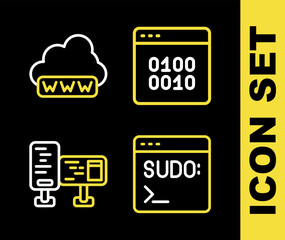 Set line Binary code, Code terminal, Computer monitor screen and Web development icon. Vector