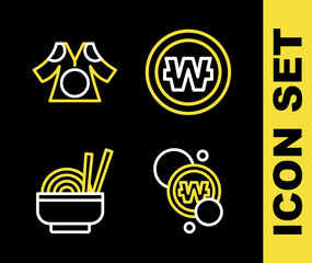 Set line South Korean won coin, Asian noodles bowl and Kimono icon. Vector