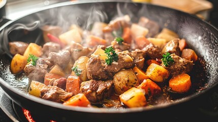 Cooking a mixture of meat potatoes and carrots in a black pan