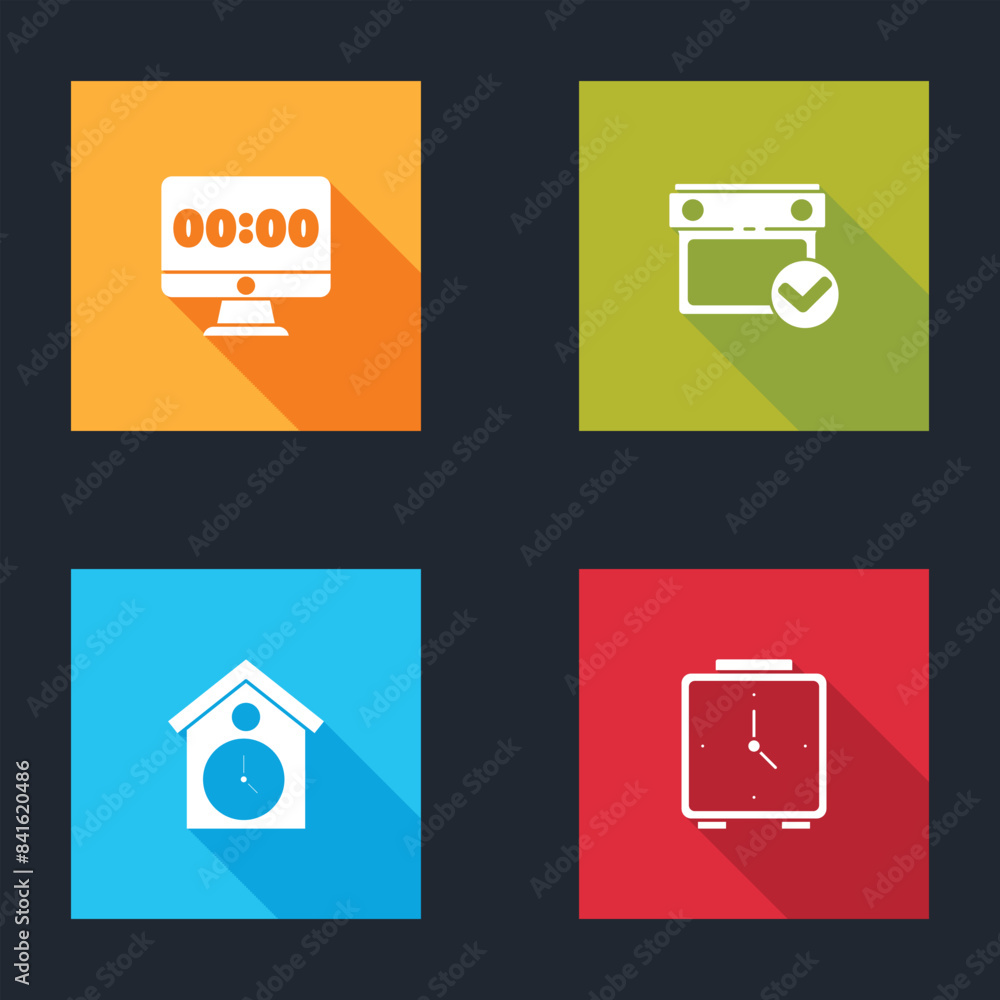 Poster set clock on monitor, calendar with check mark, retro wall watch and alarm clock icon. vector
