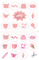 Learning colors pink. Cut and glue educational children game. Matching game worksheet for kids. Match by color.