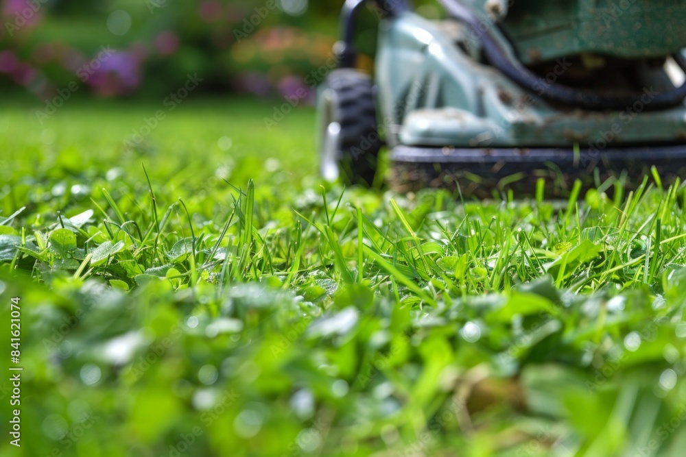 Wall mural as the lawn mower moved across the yard, a close-up showed the grass being trimmed to perfection, th