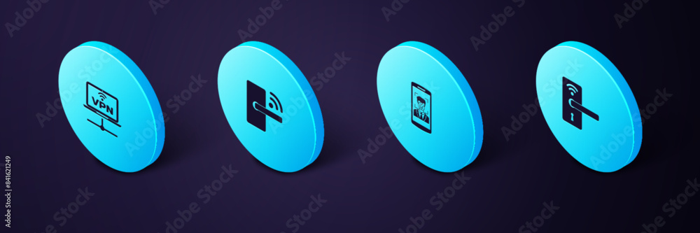 Poster set isometric digital door lock with wireless, mobile and face recognition, and vpn computer network