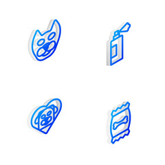 Set Isometric line Pet shampoo, Cat, Heart with dog and Bag of food for pet icon. Vector