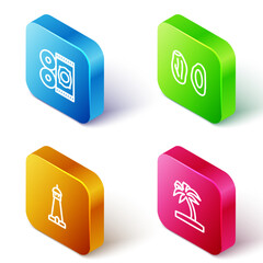 Set Isometric line Traditional carpet, Date fruit, Mosque tower or minaret and Tropical palm tree icon. Vector