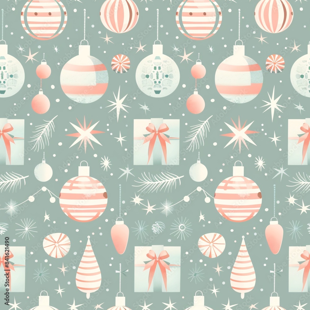 Poster a seamless pattern with christmas ornaments and wrapping paper in pastel colors, creating a soft and