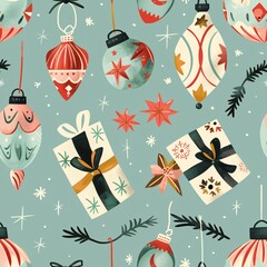 A seamless pattern displaying Christmas ornaments and wrapping paper with whimsical holiday designs, arranged in a playful layout