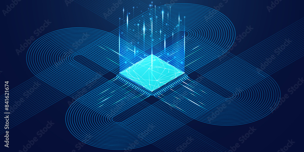Poster Abstract isometric AI chip or CPU processor, front side bus, and circuit circle connected lines on technology blue background. Big data. Digital innovation on tech bg. 3D polygonal vector illustration