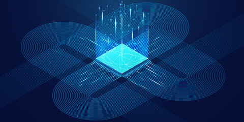 Abstract isometric AI chip or CPU processor, front side bus, and circuit circle connected lines on technology blue background. Big data. Digital innovation on tech bg. 3D polygonal vector illustration