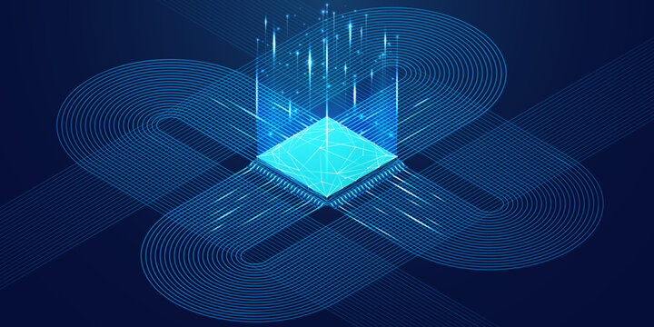 Abstract isometric AI chip or CPU processor, front side bus, and circuit circle connected lines on technology blue background. Big data. Digital innovation on tech bg. 3D polygonal vector illustration