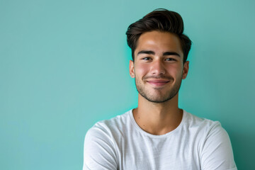A close up portrait of a young man with a subtle smile