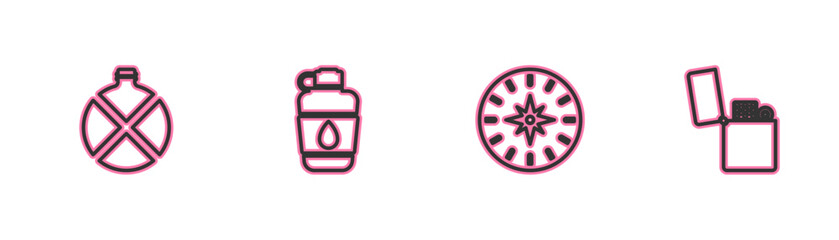 Set line Canteen water bottle, Compass, and Lighter icon. Vector