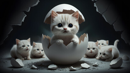 Fototapeta premium A group of kittens are in a white eggshell