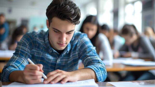 Young man in a suit working on a computer in an office setting.
