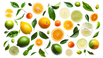 Obraz premium Different fresh citrus fruits and leaves falling on white background