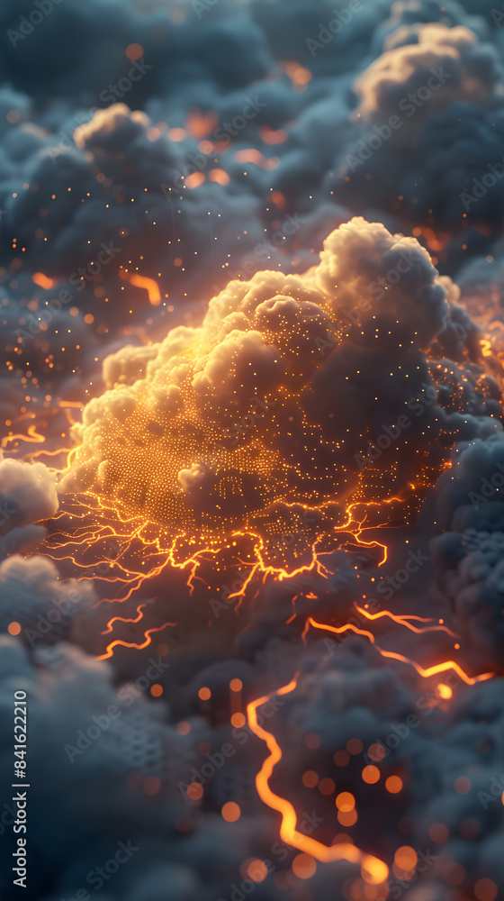 Poster abstract depiction of cloud computing with glowing circuits embedded in clouds, symbolizing data sto
