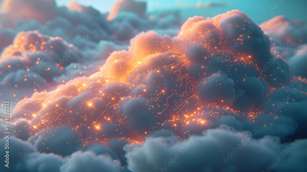 Poster abstract depiction of cloud computing with glowing circuits embedded in clouds, symbolizing data sto