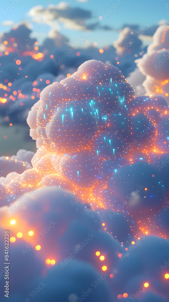 Poster abstract depiction of cloud computing with glowing circuits embedded in clouds, symbolizing data sto