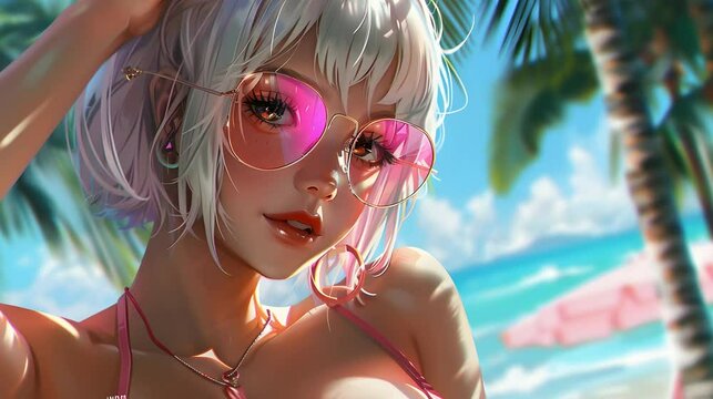 Cute synthwave summer anime manga girl, video loop
