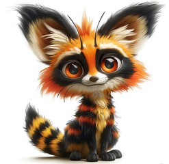 Obraz premium A cute cartoon red fox with big eyes and a fluffy tail. The fox is sitting on a white background and looking at the viewer. The fox has orange, black, and white fur.