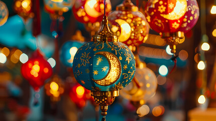 A string of colorful lanterns with a crescent moon hanging from it, Ramadan Eid lanterns