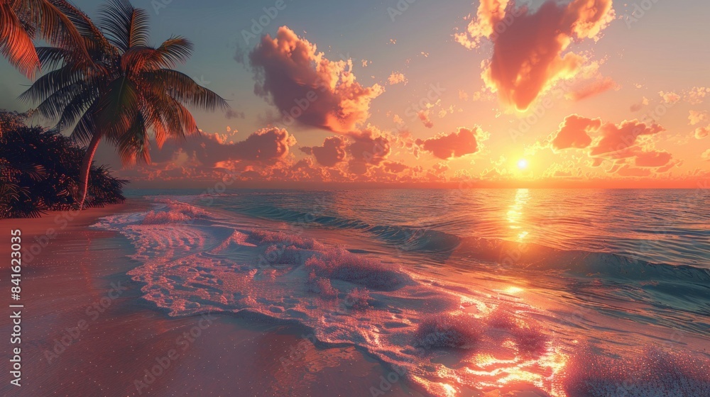 Wall mural a tropical beach at sunset with palm trees and gentle waves. - Wall murals