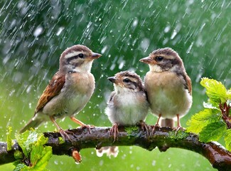 Natural panoramic photo with little funny birds and Chicks sitting on a branch in summer
