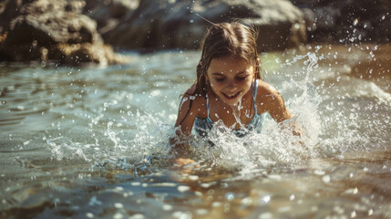 Fototapeta premium Happy girl splashing in shallow water on a sunny day