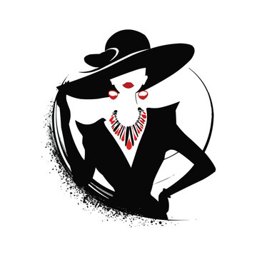 Silhouette of a woman wearing a big hat with earrings and necklace vector illustration