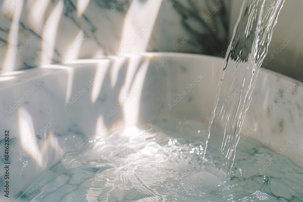 Poster water flowing into a white basin with reflections and ripples in a serene setting