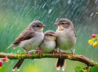 Natural panoramic photo with little funny birds and Chicks sitting on a branch in summer