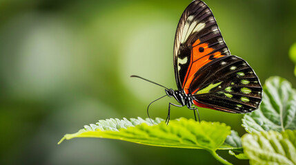 Beautiful heliconius butterfly perched on a green leaf