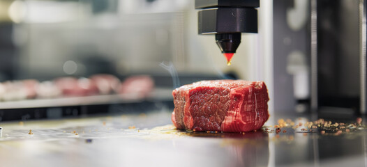 A detailed view of a 3D printer extruding bio-ink to create a piece of synthetic meat. The process is highly controlled, taking place in a high-tech laboratory environment