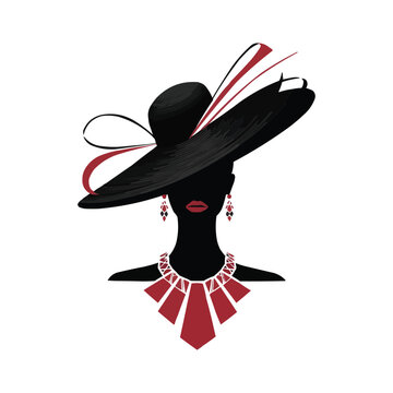 Silhouette of a woman wearing a big hat with earrings and necklace vector illustration