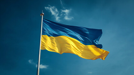 Ukrainian Flag Waving Against Clear Blue Sky

