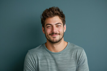 A close up portrait of a young man with a subtle smile