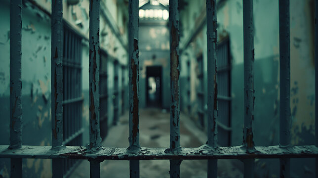 Empty Prison Hallway with Iron Bars

