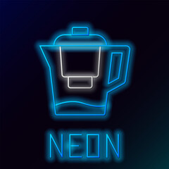 Glowing neon line Water jug with a filter icon isolated on black background. Colorful outline concept. Vector