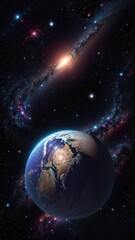 Galaxy with stars and planets, black background with planet in the center of spiral galaxy