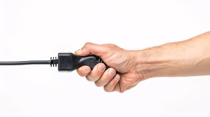 Hand holding an electric plug isolated on a white background.