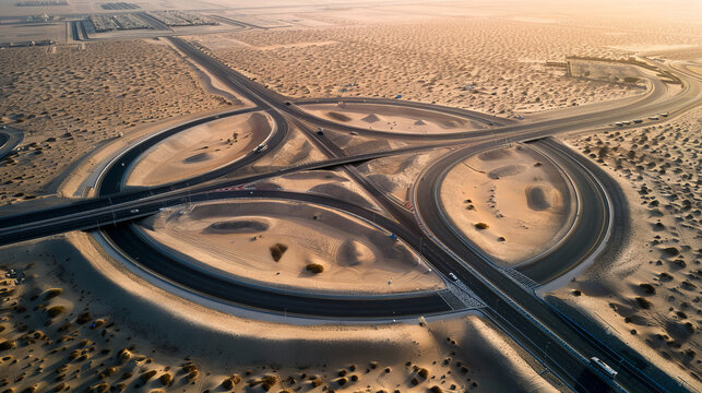 Aerial view of roundabout in the desert during sunset