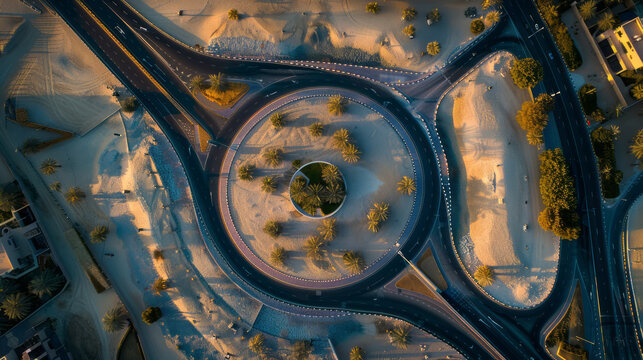 Aerial view of a roundabout in the desert during sunset