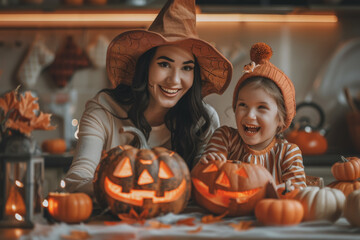 Fototapeta premium Mother and daughter are preparing for Halloween. Dress up and cook a celebration meal in the kitchen