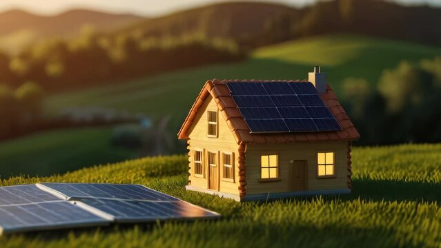 House figure with solar panels on the roof among green landscape, energy and money saving concept