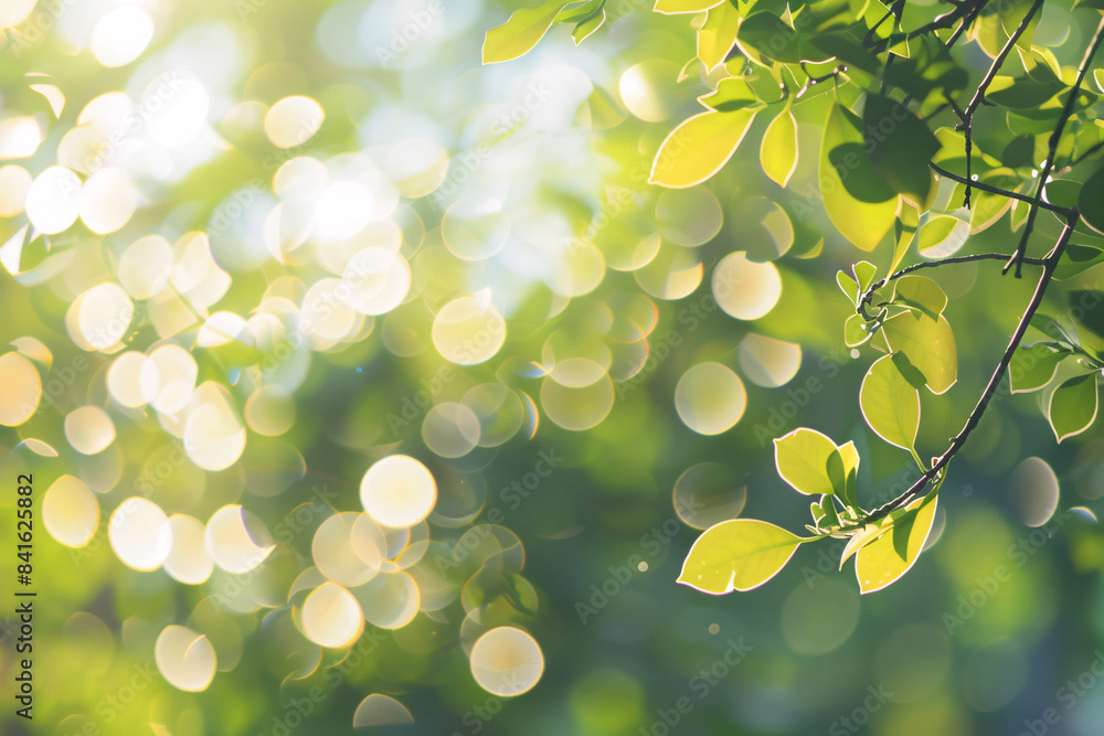 Poster green leaves and branches with a bright bokeh background of sunlight spots creating a fresh and live