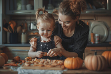 Obraz premium Mother and daughter are preparing for Halloween. Dress up and cook a celebration meal in the kitchen