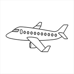 Airplane side view line icon. Plane in cartoon design. Passenger plane flying in the sky side view. travel concept. Toy plane graphic. Flat style vector illustration.