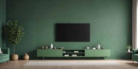 Green living room wall background with decorative chair, lamp frame middle table and poster style.