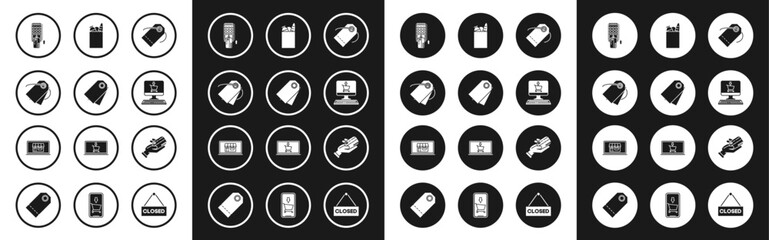 Set Blank label template price tag, Pos terminal with inserted credit card, Shopping cart on screen computer, Paper shopping bag and food, Human hand holding and building laptop icon. Vector